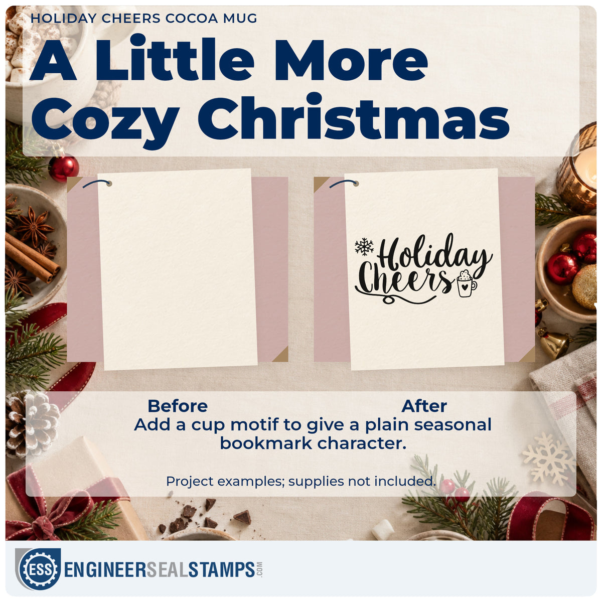 Before and after of a plain item finished with the Holiday Cheers Cocoa Mug Snowflakes Rubber Stamp – Duo Hand, a quick upgrade for framed drink station.