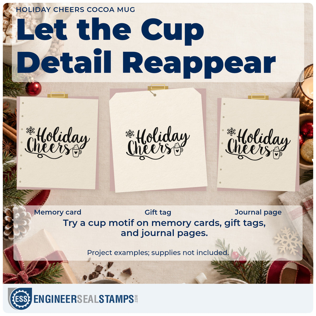 Three project examples made with the Slim Pre-Inked Holiday Cheers Cocoa Mug Snowflakes Stamp, including flavor test sheet.