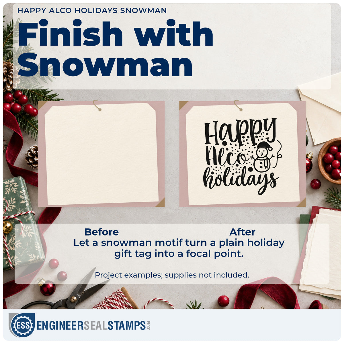 Before and after of a plain item finished with the Snowman With Happy Alco Holidays Stamp – Duo Hand, a quick upgrade for framed cart shelf.