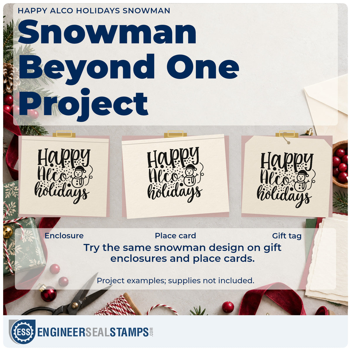 Three project examples made with the Snowman With Happy Alco Holidays Pre-Inked Stamp – PSI, including drink plan sheet.