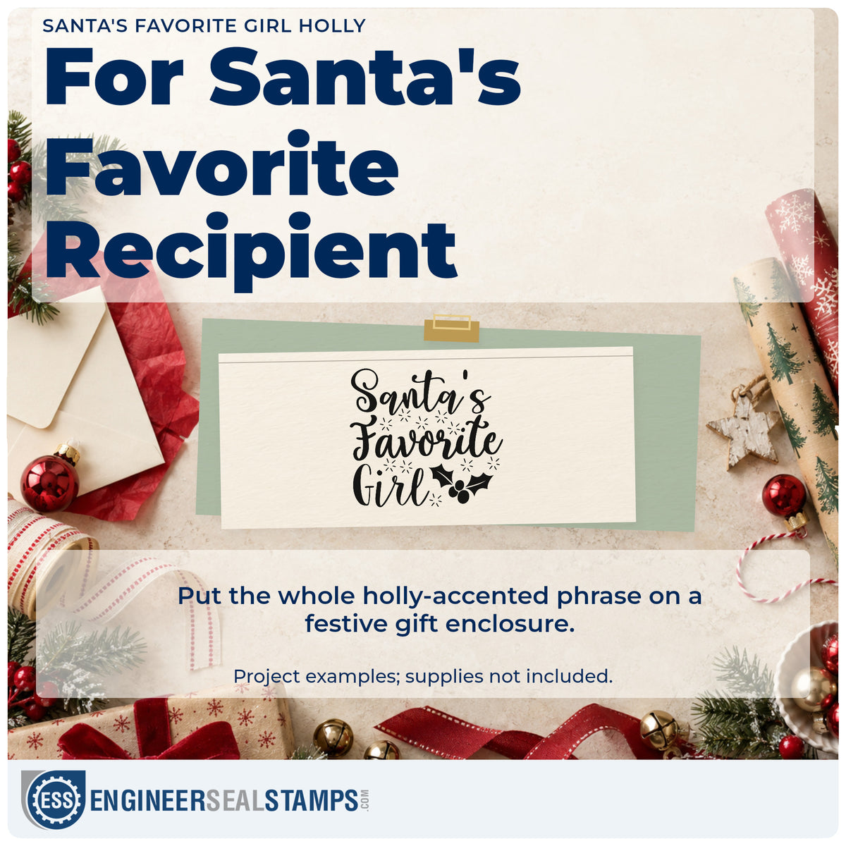 A finished handmade project stamped with the Santa's Favorite Girl Holly Stamp – Self-Inking, ideal for daughter album page.