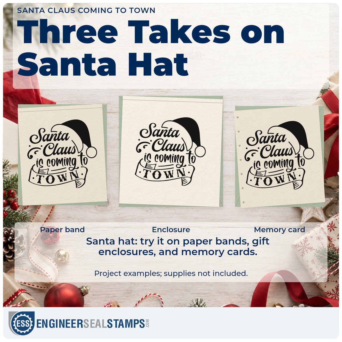 Three project examples made with the Premium Wooden Santa Claus Coming To Town Stamp – Vintage Pro, including visit log sheet.