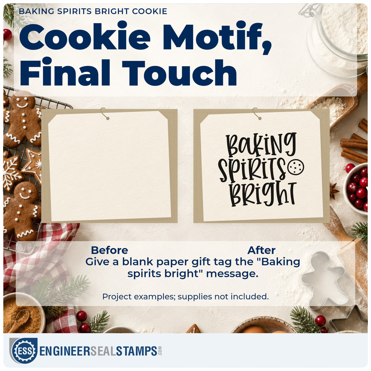 Before and after of a plain item finished with the Baking Spirits Bright Cookie Slim Pre-Inked Stamp, a quick upgrade for framed oven wall.
