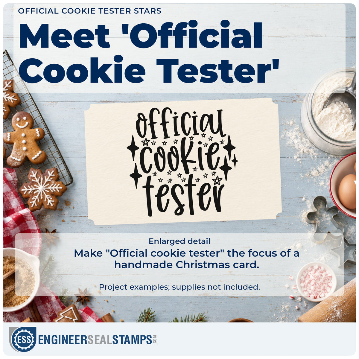 Enlarged detail of the Official Cookie Tester Star Accents Pre-Inked Stamp – PSI imprint. The words "Official cookie tester" are surrounded by stars and sparkling diamond shapes.