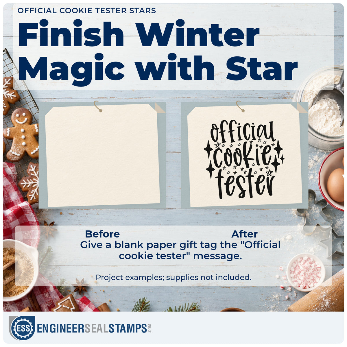 Before and after of a plain item finished with the Official Cookie Tester Star Accents Pre-Inked Stamp – PSI, a quick upgrade for framed certificate wall.