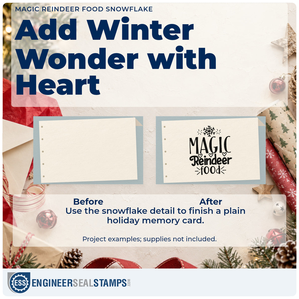 Before and after of a plain item finished with the Pre-Inked Magic Reindeer Food Snowflake Stamp – PSI, a quick upgrade for framed back step.