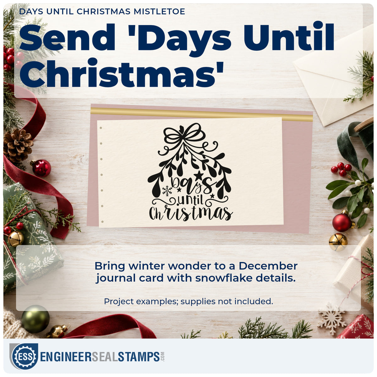 A finished handmade project stamped with the PSI Pre-Inked Days Until Christmas Mistletoe Stamp, ideal for hanging album page.
