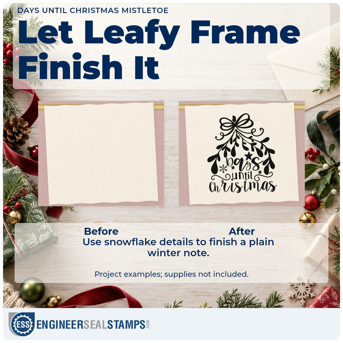 Before and after of a plain item finished with the Days Until Christmas Mistletoe Slim Pre-Inked Stamp, a quick upgrade for framed slate panel.