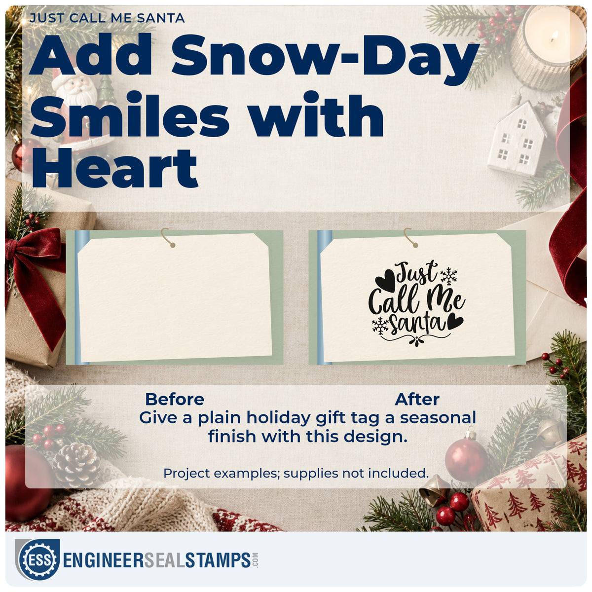 Before and after of a plain item finished with the Just Call Me Santa Snowflakes Wood Handle Stamp, a quick upgrade for framed closet door.