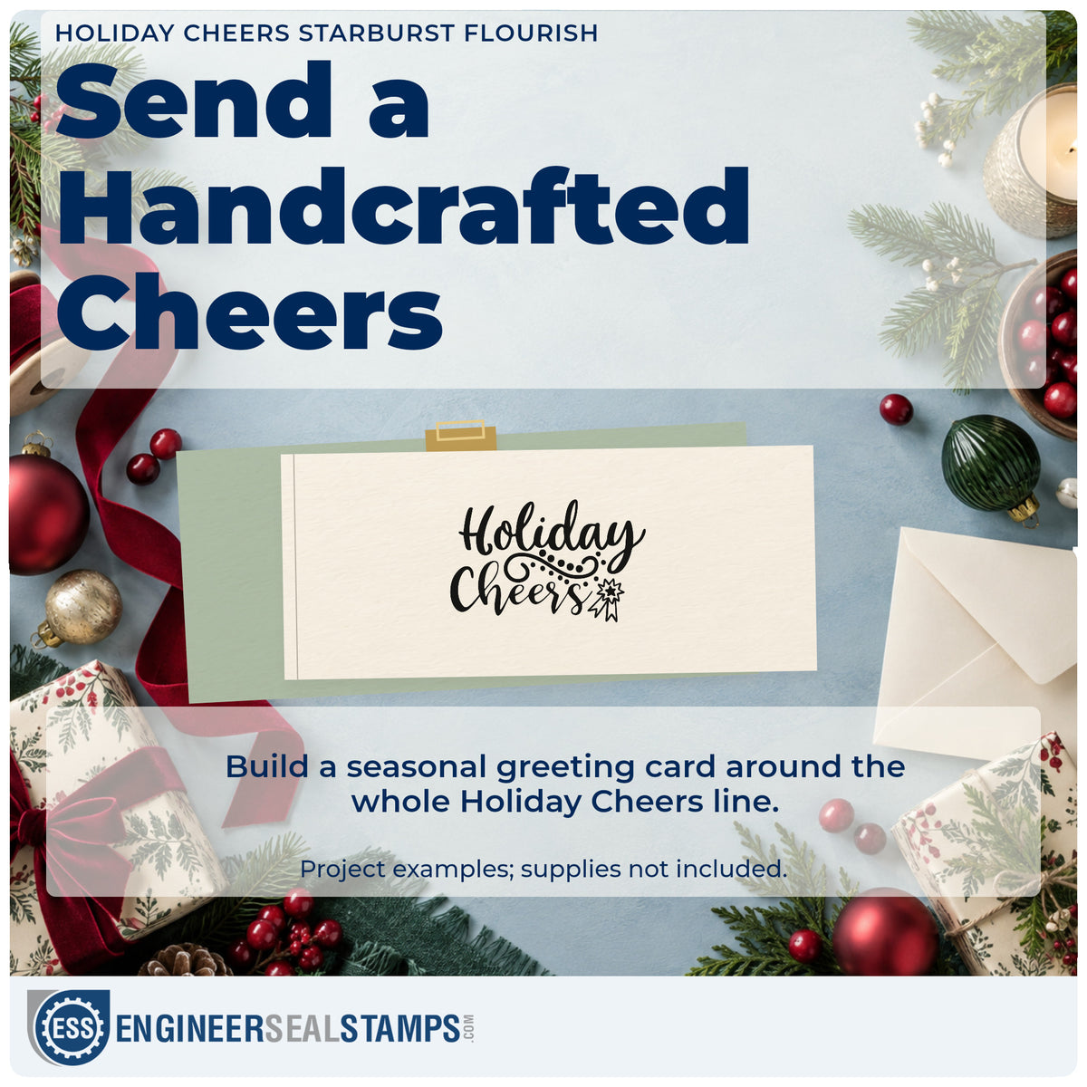 A finished handmade project stamped with the Holiday Cheers Starburst Flourished Lettering Wood Handle Stamp, ideal for small party album.