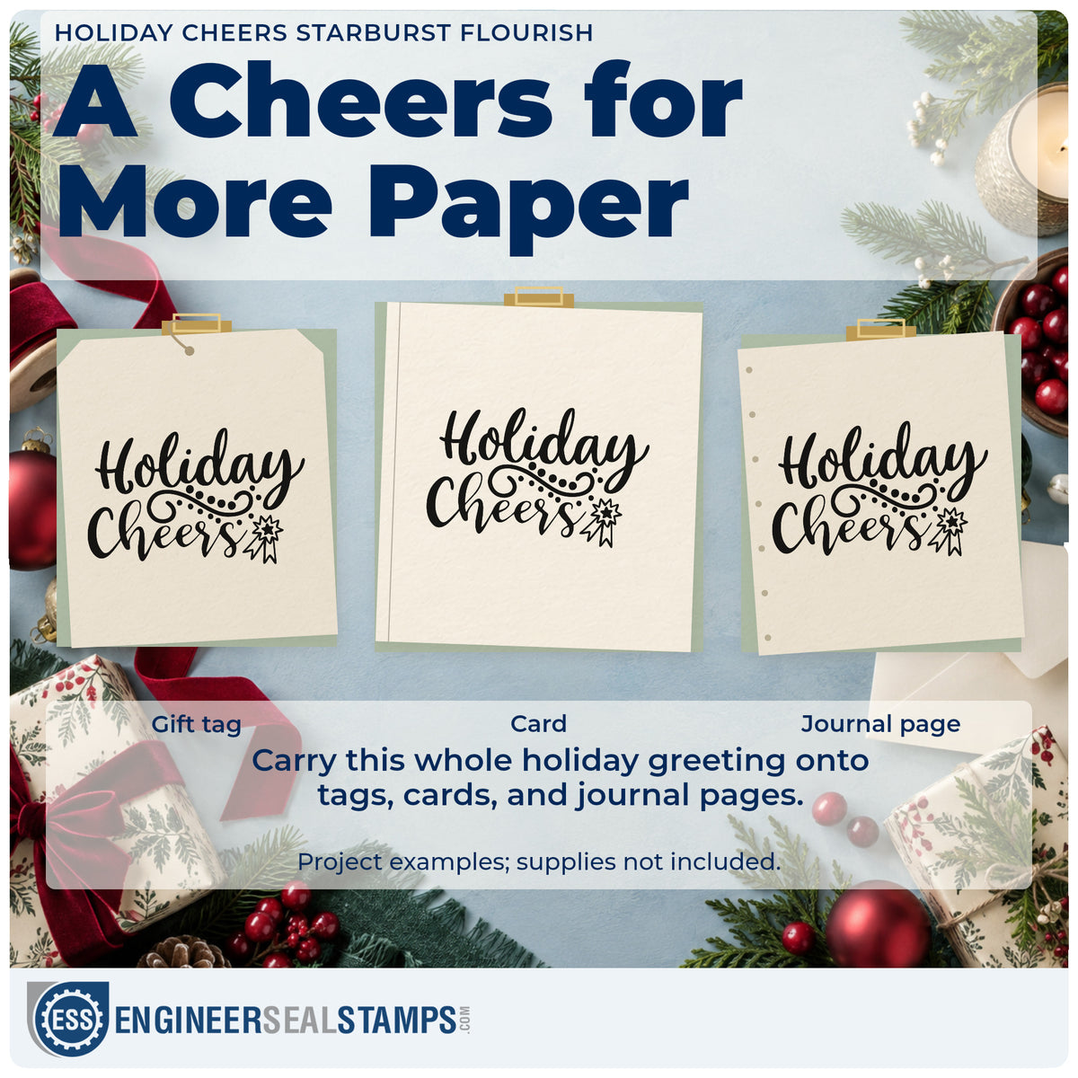 Three project examples made with the Holiday Cheers Starburst Flourished Lettering Wood Handle Stamp, including guest count sheet.