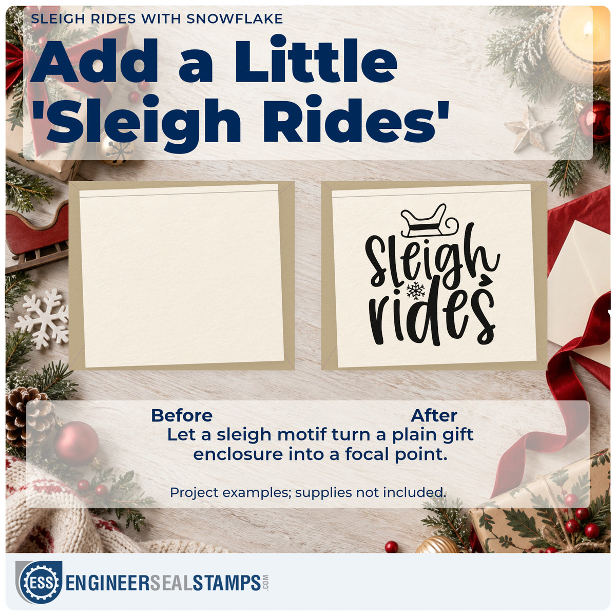 Before and after of a plain item finished with the Sleigh Rides With Snowflake Lettering Compact Pre-Inked Stamp – Slim, a quick upgrade for framed lobby alcove.