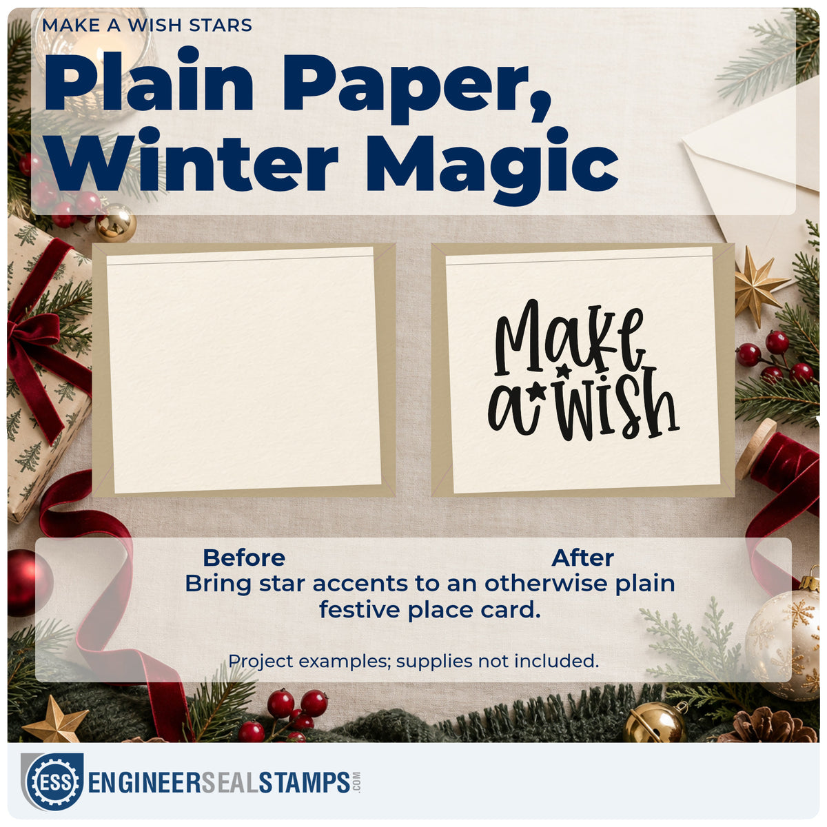 Before and after of a plain item finished with the Make A Wish Stars Duo Hand Stamp, a quick upgrade for framed ceiling nook.