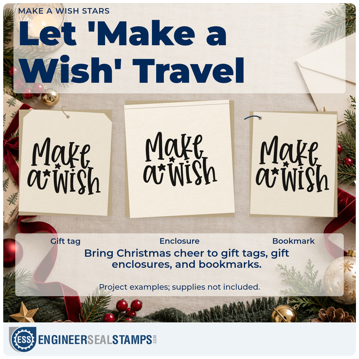 Three project examples made with the Make A Wish Stars Rubber Stamp – Wood Handle, including wish journal sheet.