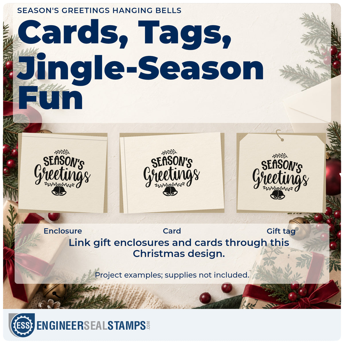 Three project examples made with the Season's Greetings Hanging Bells Botanical Sprig Stamp – Duo Hand, including footer rule sheet.
