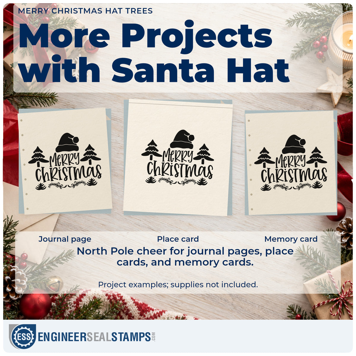Three project examples made with the Wood Handle Merry Christmas Hat Trees Rubber Stamp, including boxed note sheet.