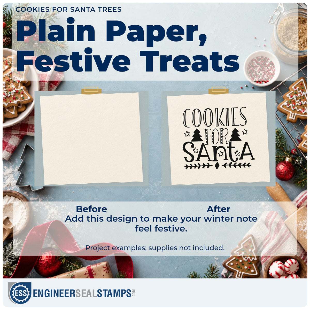 Before and after of a plain item finished with the Premium Wooden Cookies For Santa Trees Leaf Accents Stamp – Vintage Pro, a quick upgrade for framed diptych set.