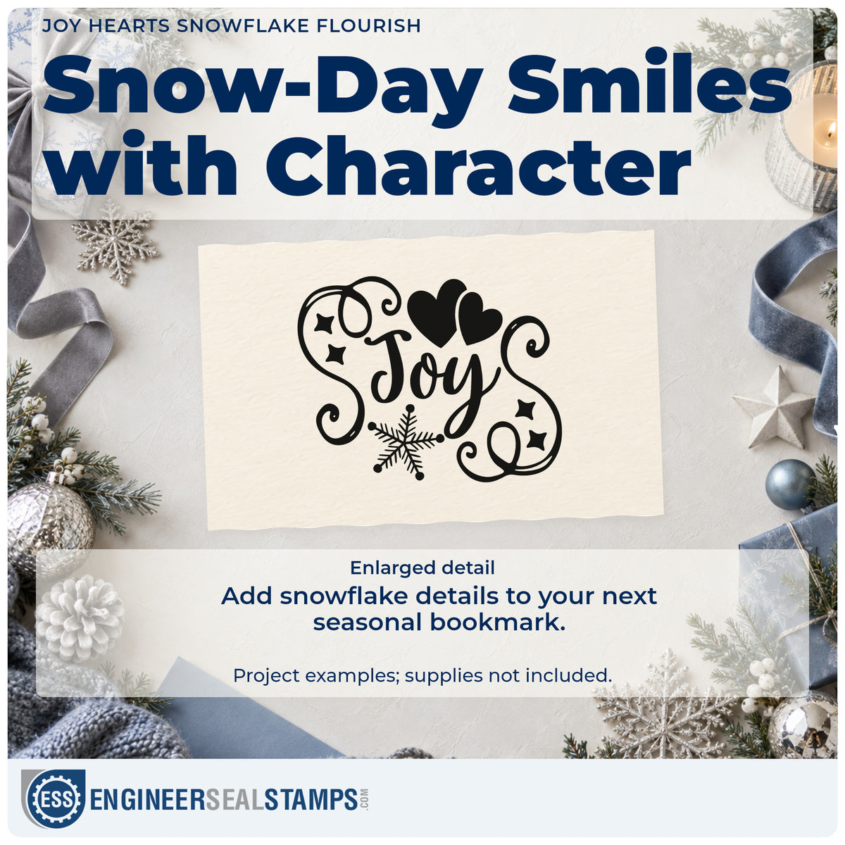 Enlarged detail of the Joy Hearts Snowflake Flourish Premium Wood-Mounted Stamp – Vintage Pro imprint. The script word "Joy" is surrounded by hearts, stars, a snowflake, and curling flourishes.