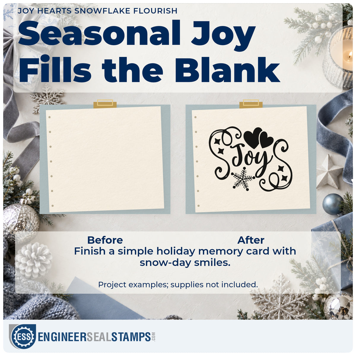 Before and after of a plain item finished with the Joy Hearts Snowflake Flourish Hand Stamp – Duo, a quick upgrade for framed bedside shelf.