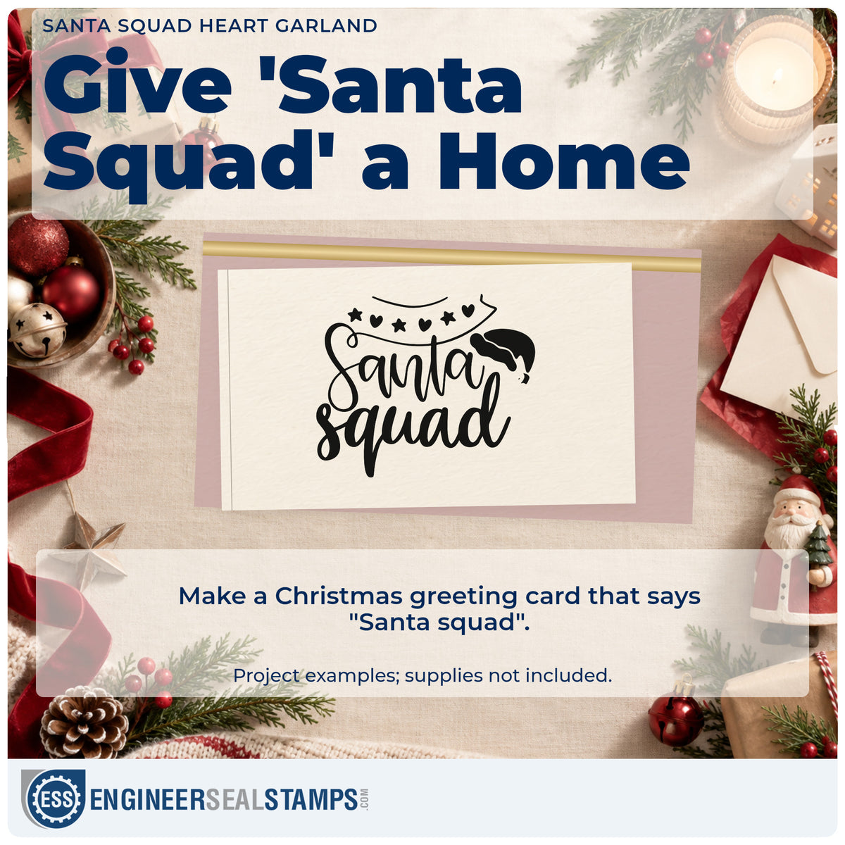 A finished handmade project stamped with the Santa Squad Heart Garland Rubber Stamp – Wood Handle, ideal for group album page.