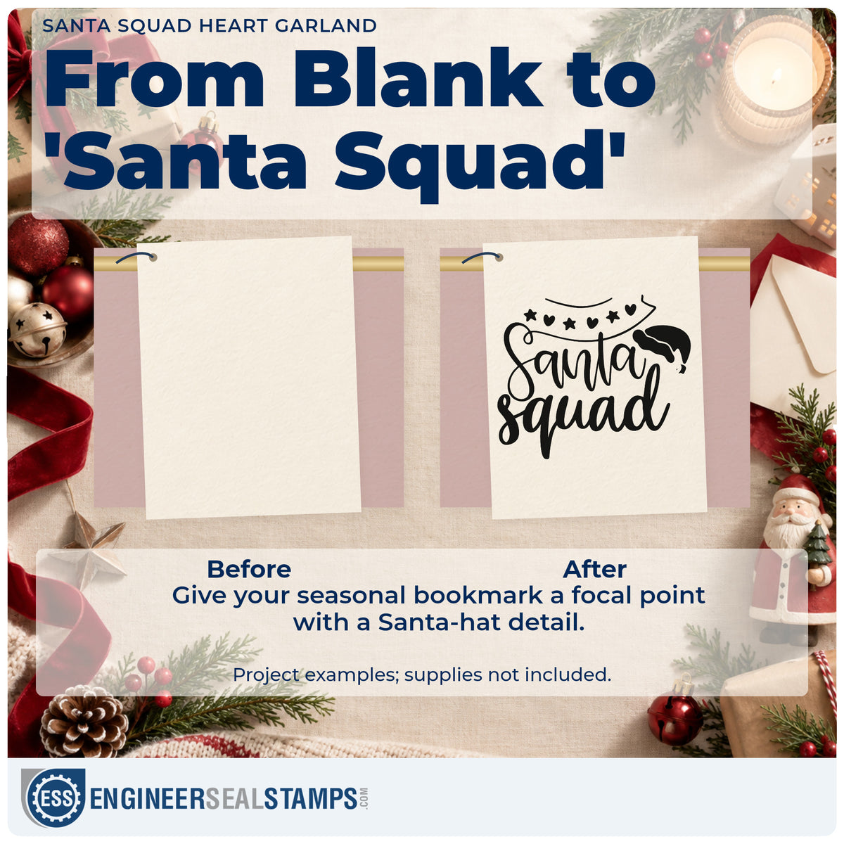 Before and after of a plain item finished with the Santa Squad Heart Garland Duo Hand Stamp, a quick upgrade for framed door arch.