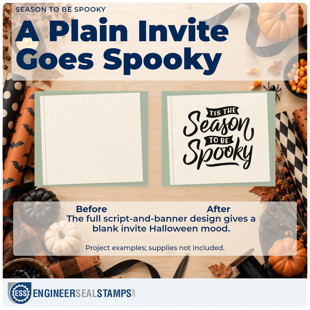 Before and after of a plain item finished with the Tis The Season To Be Spooky Rubber Stamp – Duo Hand, a quick upgrade for framed porch post.