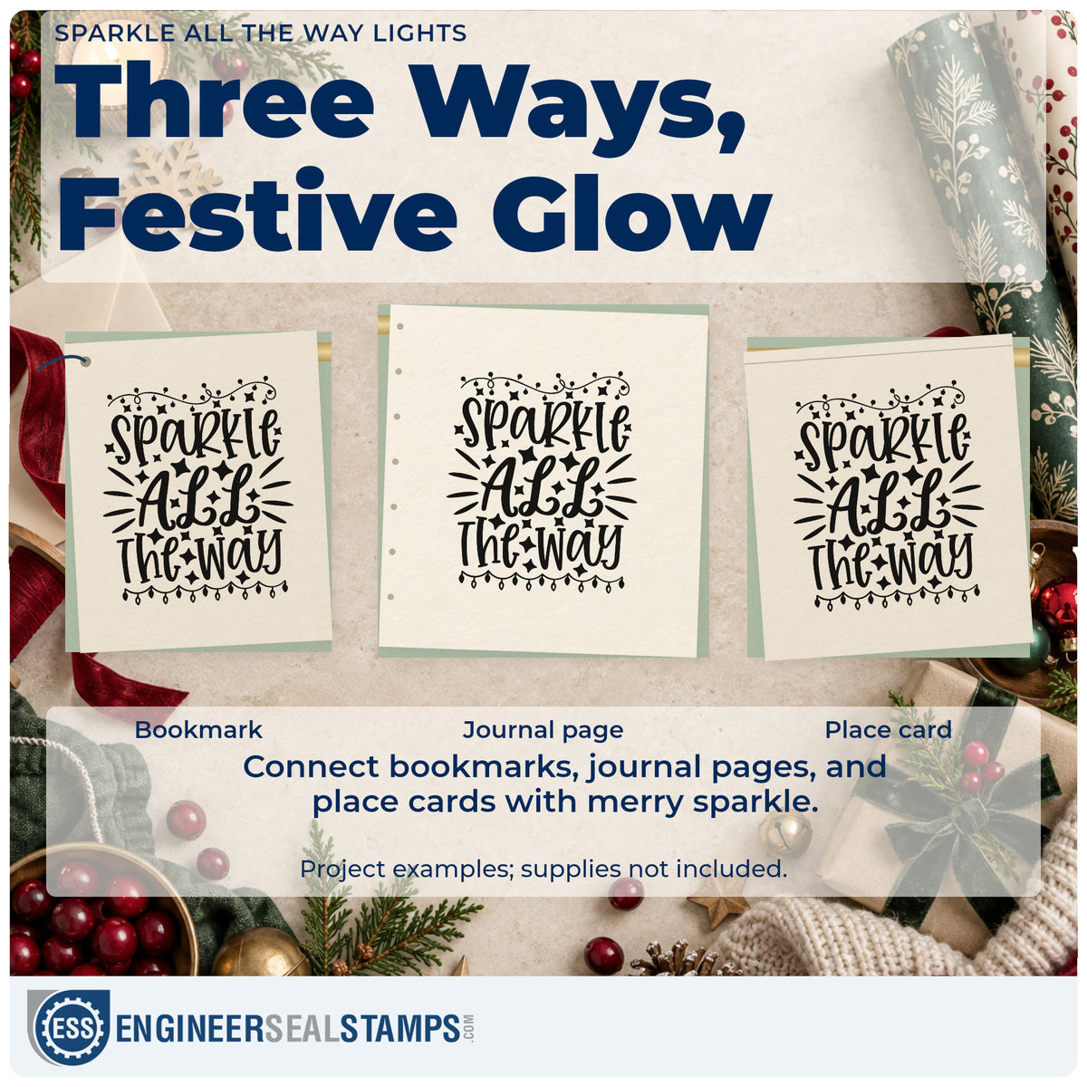 Three project examples made with the Pre-Inked Sparkle All The Way Lights Stamp – PSI, including install plan sheet.