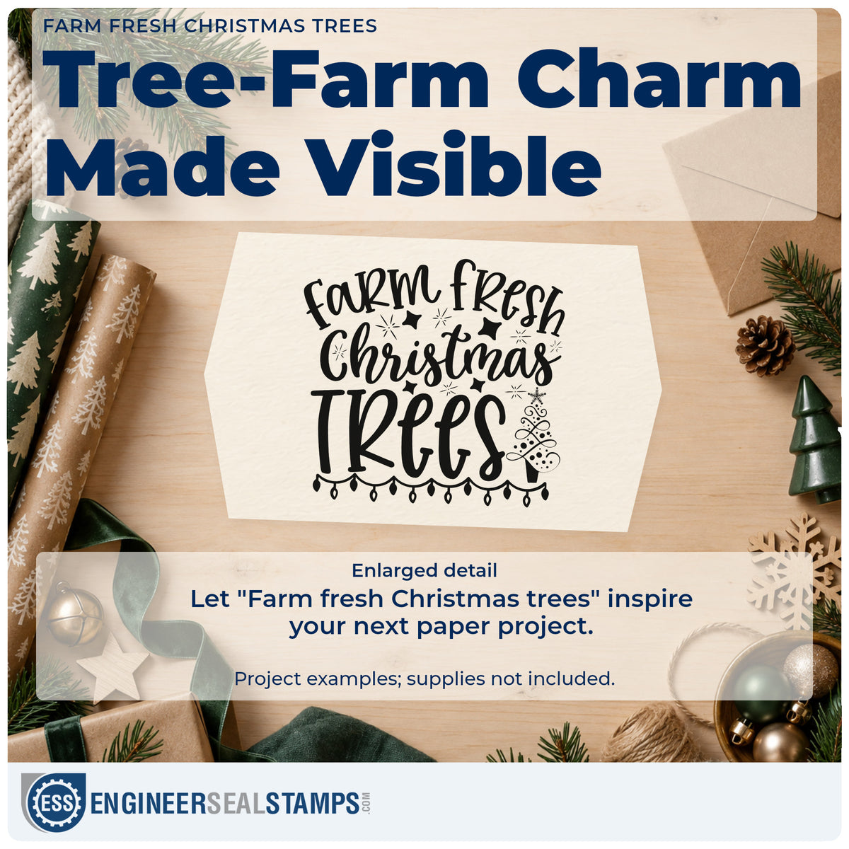 Enlarged detail of the Farm Fresh Christmas Trees Compact Pre-Inked Stamp – Slim imprint. The words "Farm fresh Christmas trees" include stars, a decorated tree, and a strand of lights.