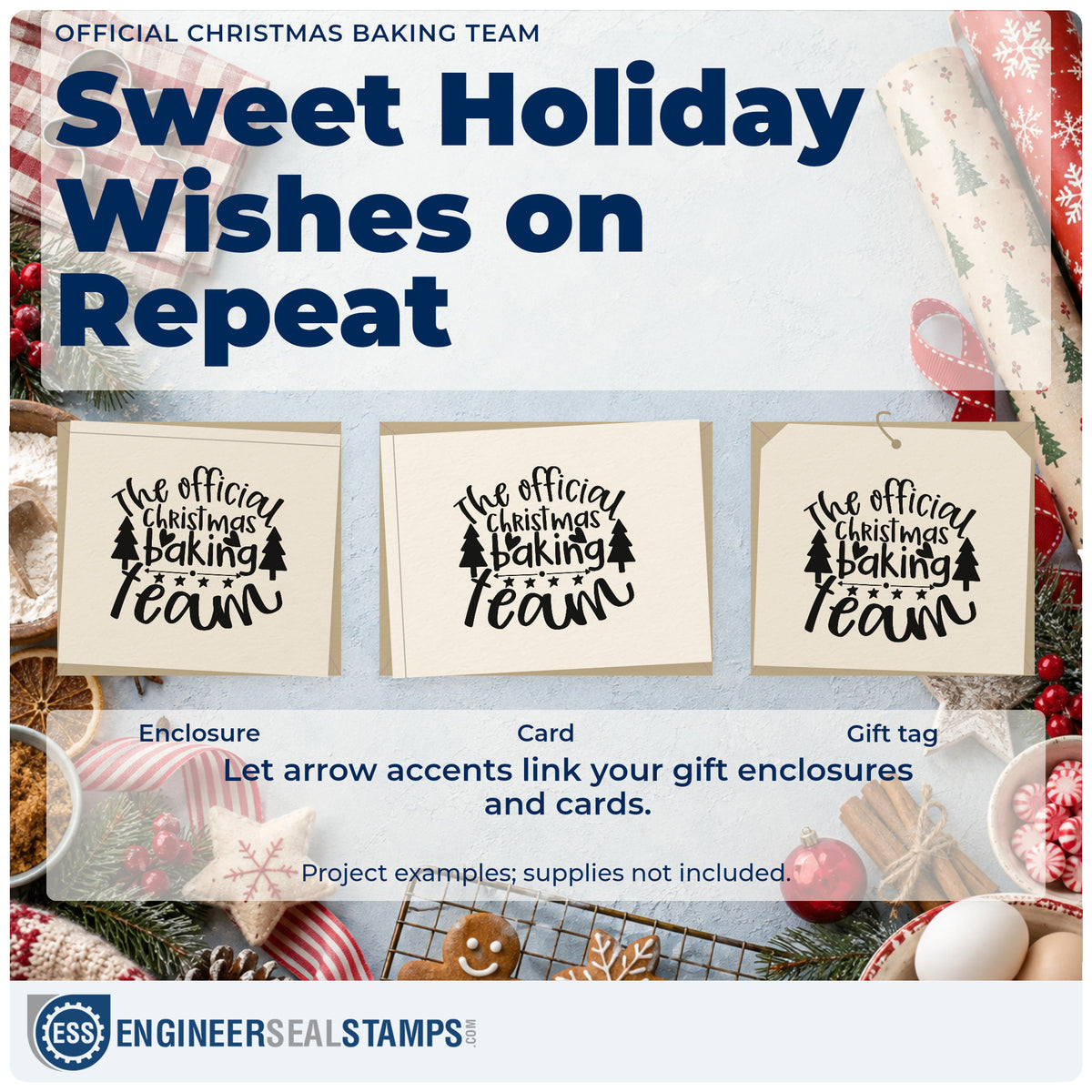 Three project examples made with the Slim Pre-Inked Official Christmas Baking Team Stamp, including matchup order sheet.