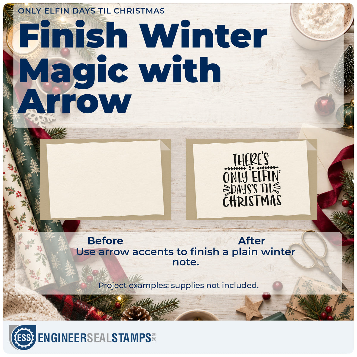 Before and after of a plain item finished with the Christmas Countdown With Elfin Script Wood-Mounted Rubber Stamp, a quick upgrade for framed slate board.