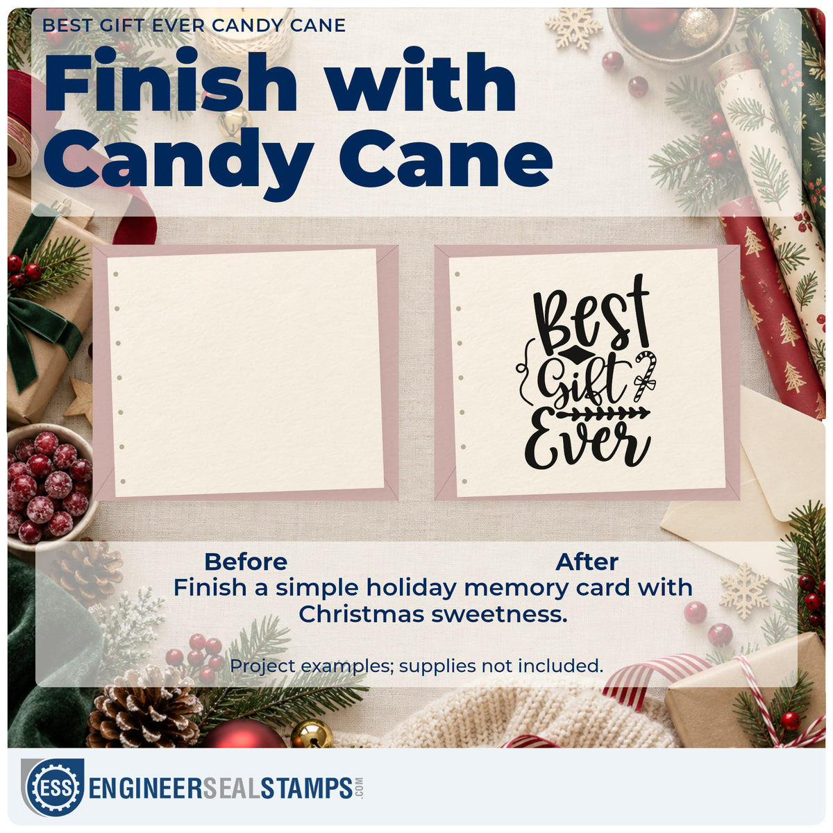 Before and after of a plain item finished with the Best Gift Ever Candy Cane Rubber Stamp – Wood Handle, a quick upgrade for framed shop window.