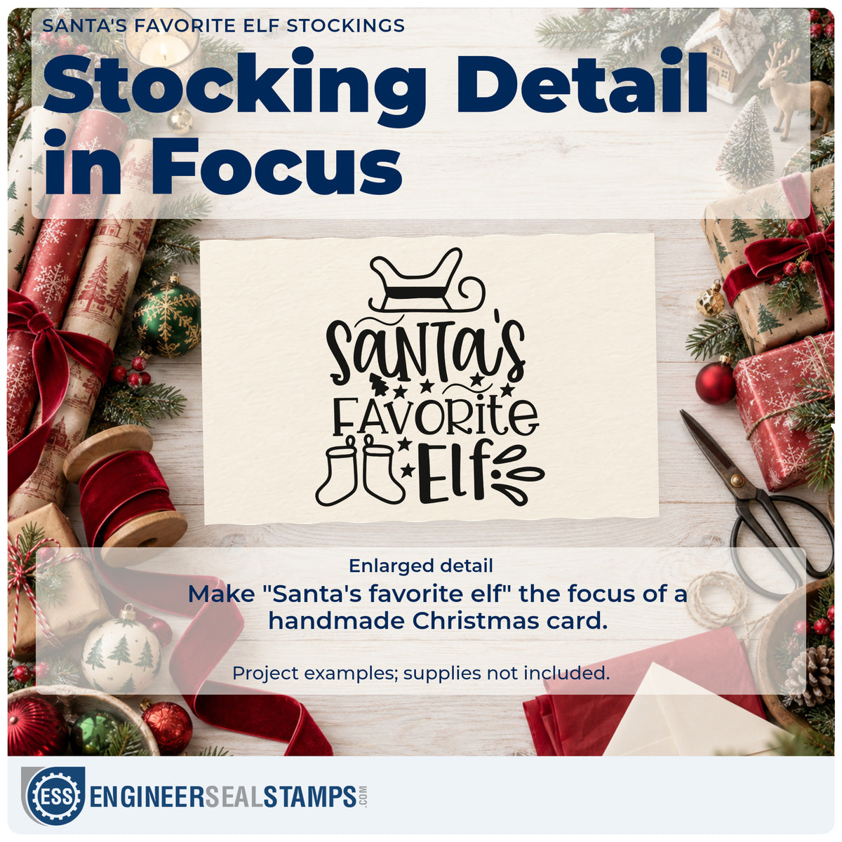 Enlarged detail of the Santa's Favorite Elf Stockings Sleigh Premium Wooden Stamp – Vintage Pro imprint. The words "Santa's favorite elf" include a sleigh, stars, and a pair of stockings.