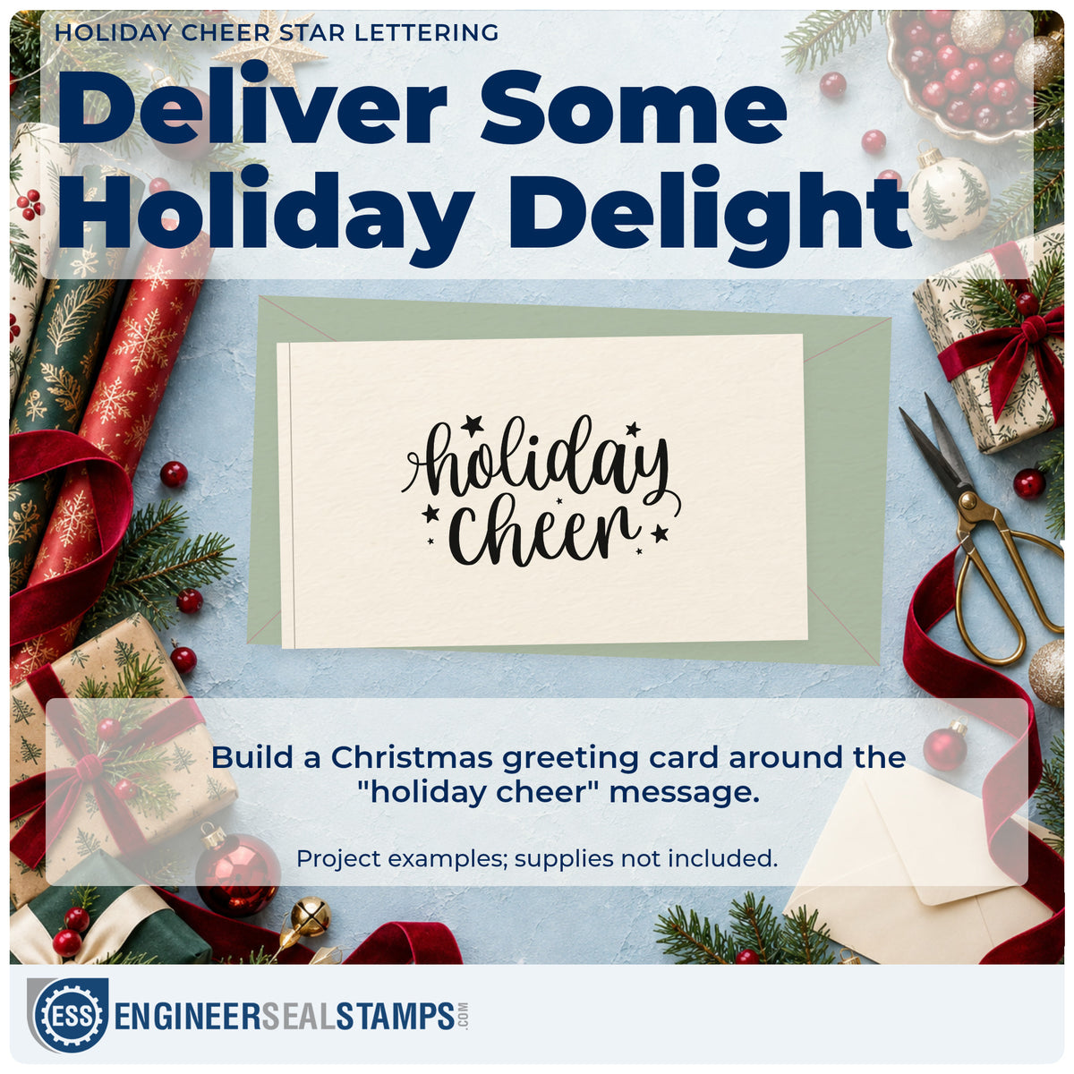 A finished handmade project stamped with the Holiday Cheer Star Lettering PSI Pre-Inked Stamp, ideal for light album header.