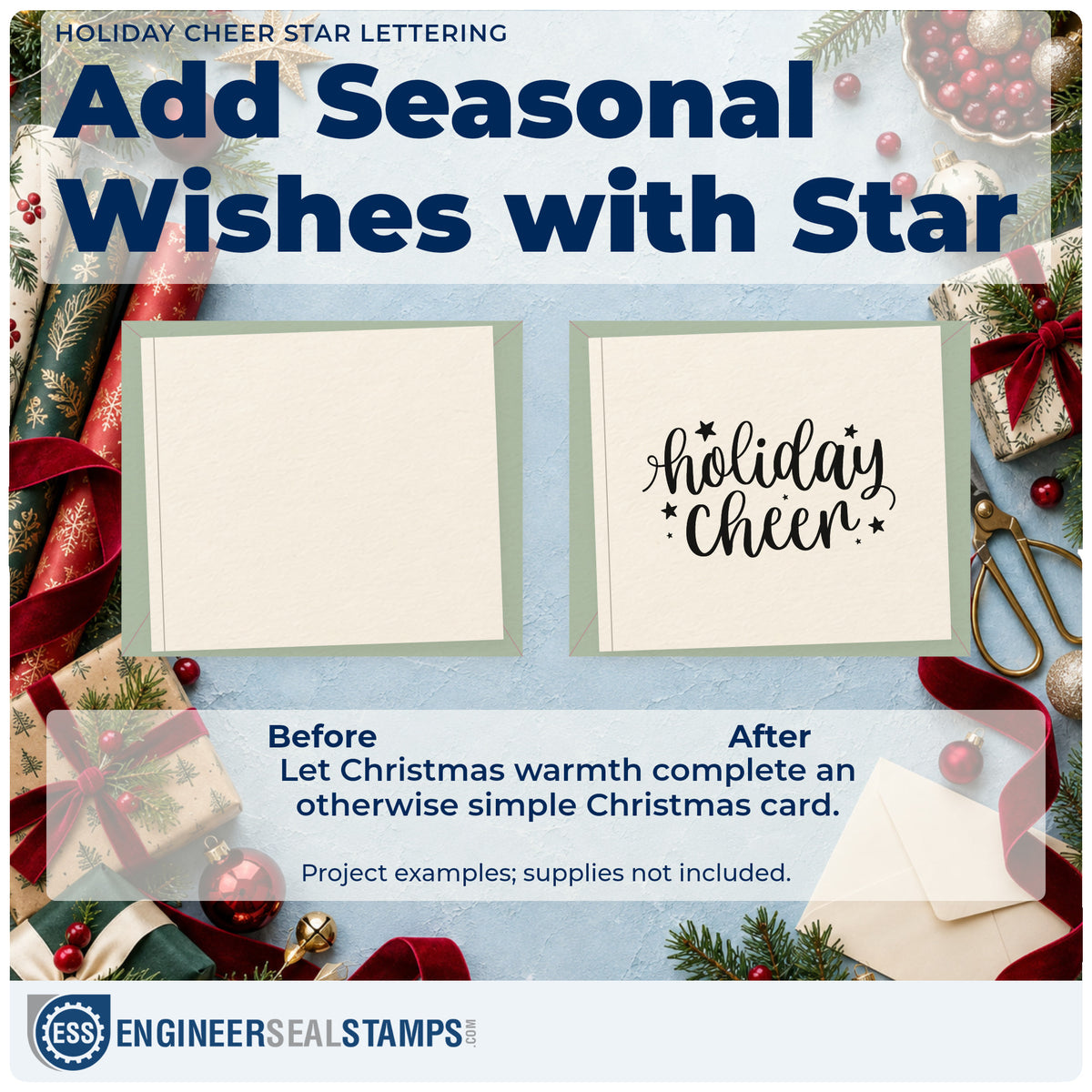 Before and after of a plain item finished with the Holiday Cheer Star Lettering Stamp – Slim Pre-Inked, a quick upgrade for framed small ledge.