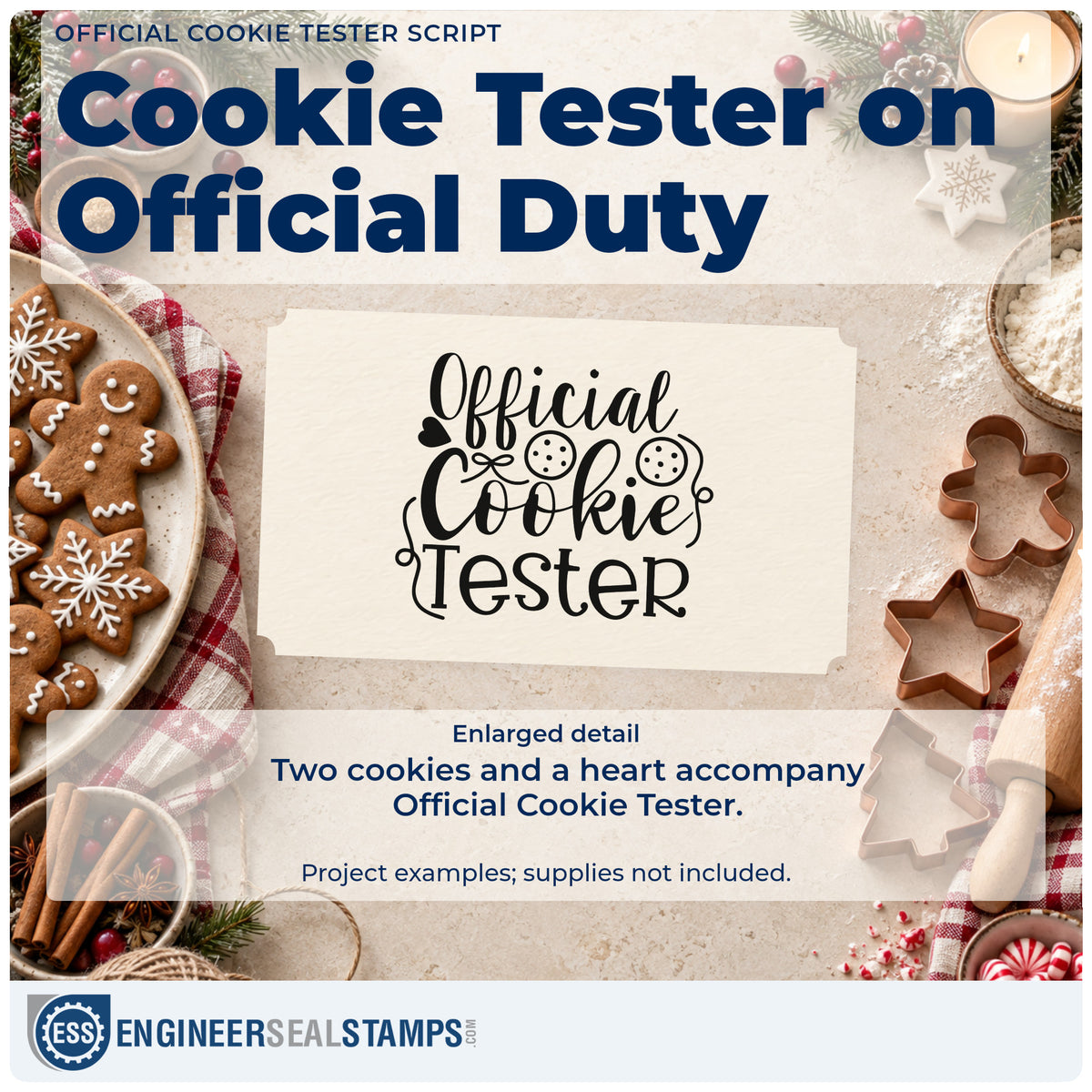 Enlarged detail of the Official Cookie Tester Script Lettering Self-Inking Stamp imprint. The words "Official cookie tester" include two round cookies and a small heart.