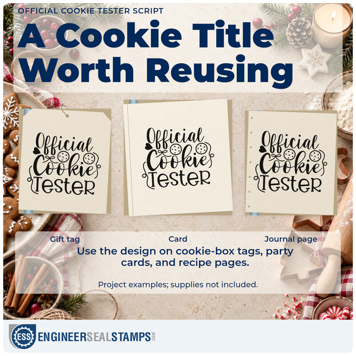 Three project examples made with the Official Cookie Tester Script Lettering Self-Inking Stamp, including head to head sheet.