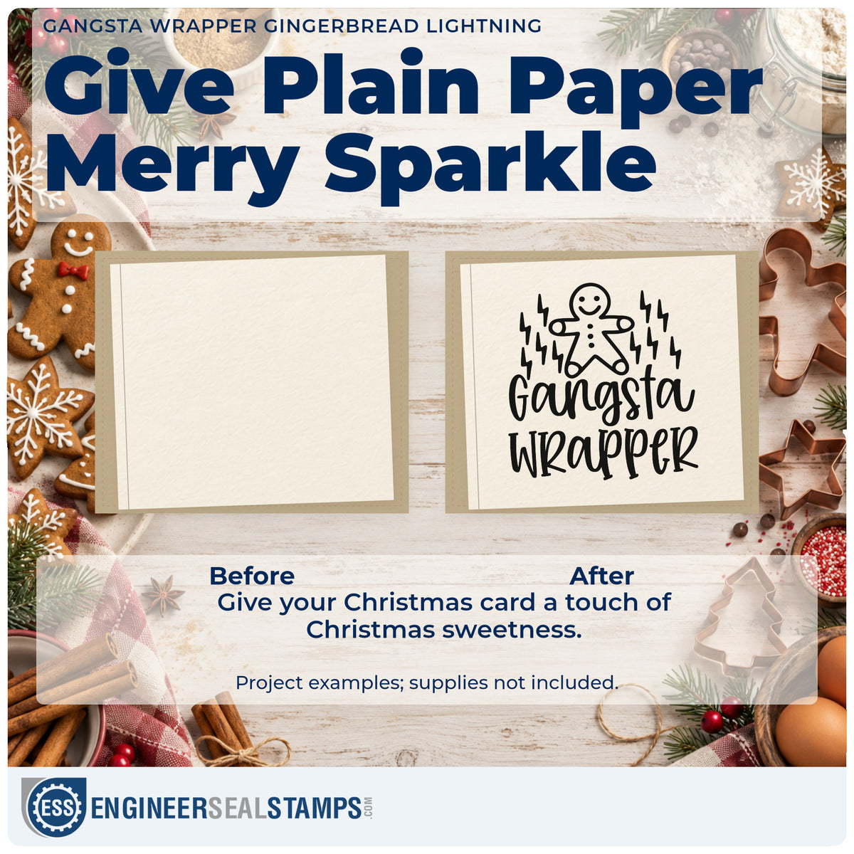 Before and after of a plain item finished with the PSI Pre-Inked Gangsta Wrapper Gingerbread Lightning Stamp, a quick upgrade for framed work table.