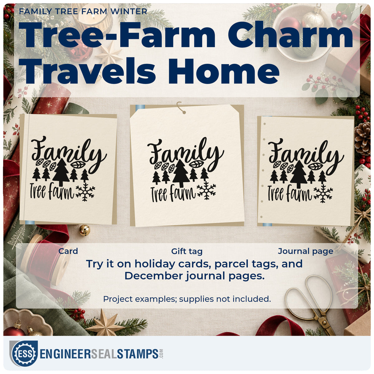 Three project examples made with the Family Tree Farm Winter Self-Inking Stamp, including season total sheet.