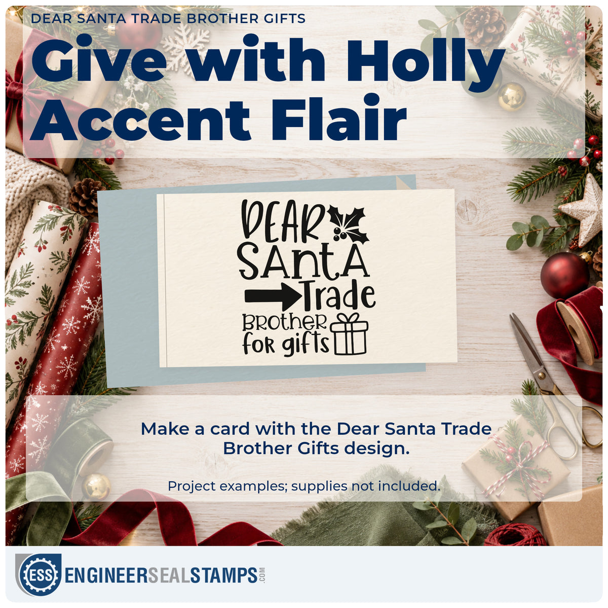 A finished handmade project stamped with the Dear Santa Trade Brother Gifts Slim Pre-Inked Stamp, ideal for brother album page.