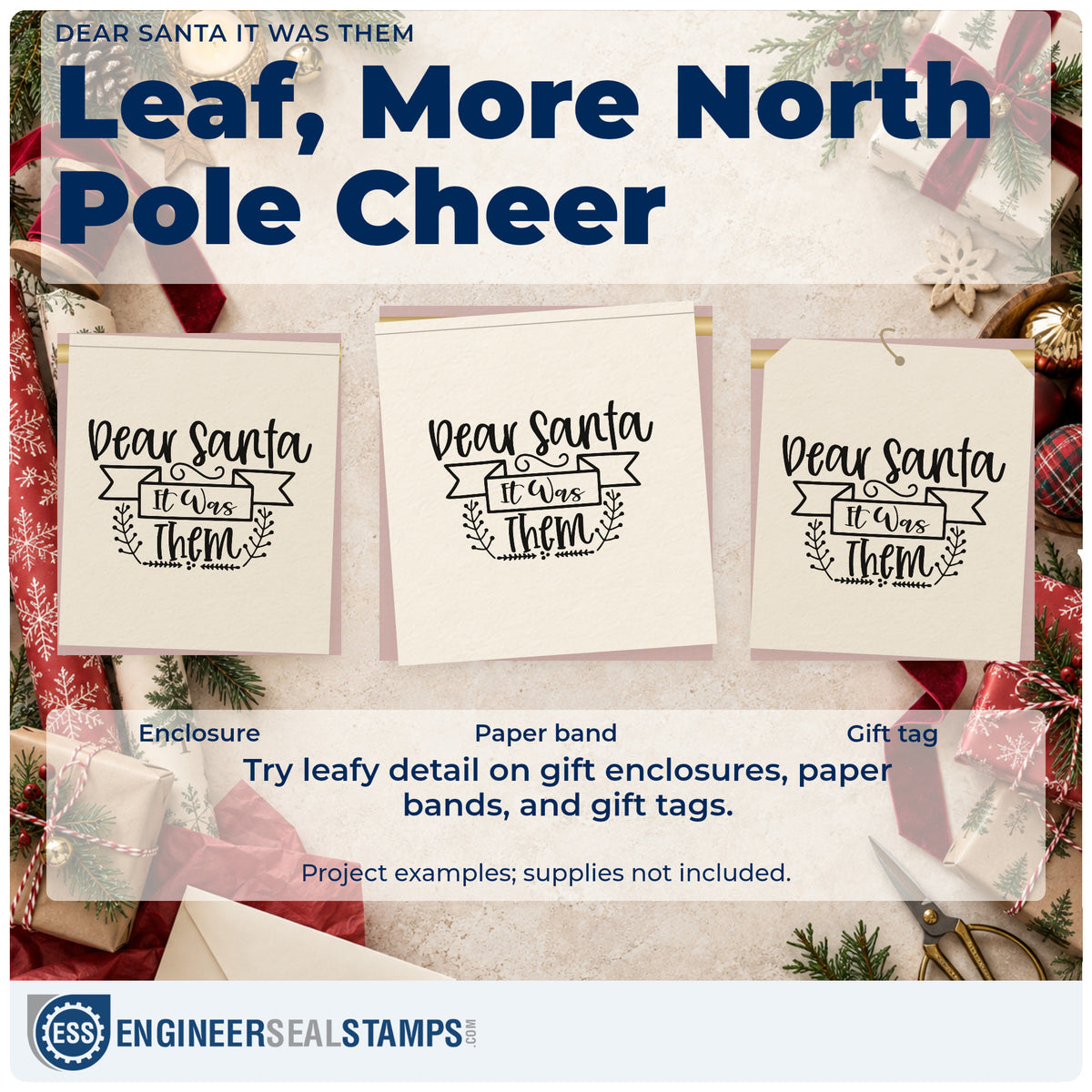Three project examples made with the Dear Santa It Was Them Botanical Sprig Self-Inking Stamp, including incident log sheet.