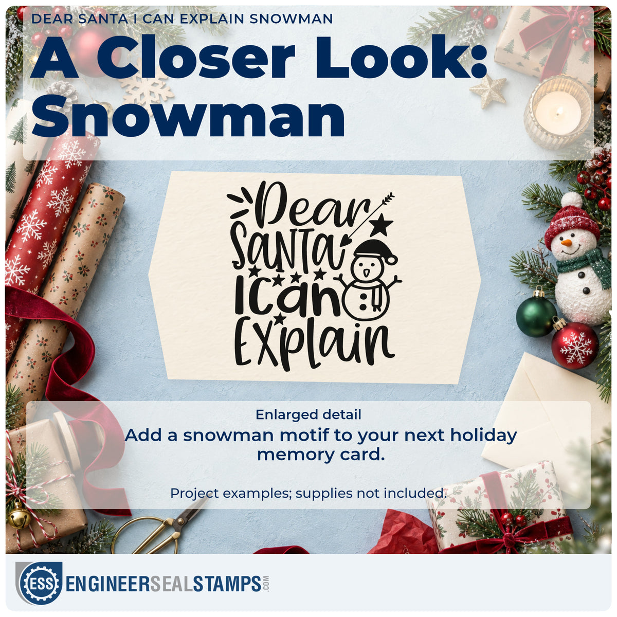 Enlarged detail of the Snowman And Heart Arrow Dear Santa Self-Inking Craft Stamp imprint. The words "Dear Santa I can explain" include a snowman in a Santa hat, stars, and a heart-tipped arrow.
