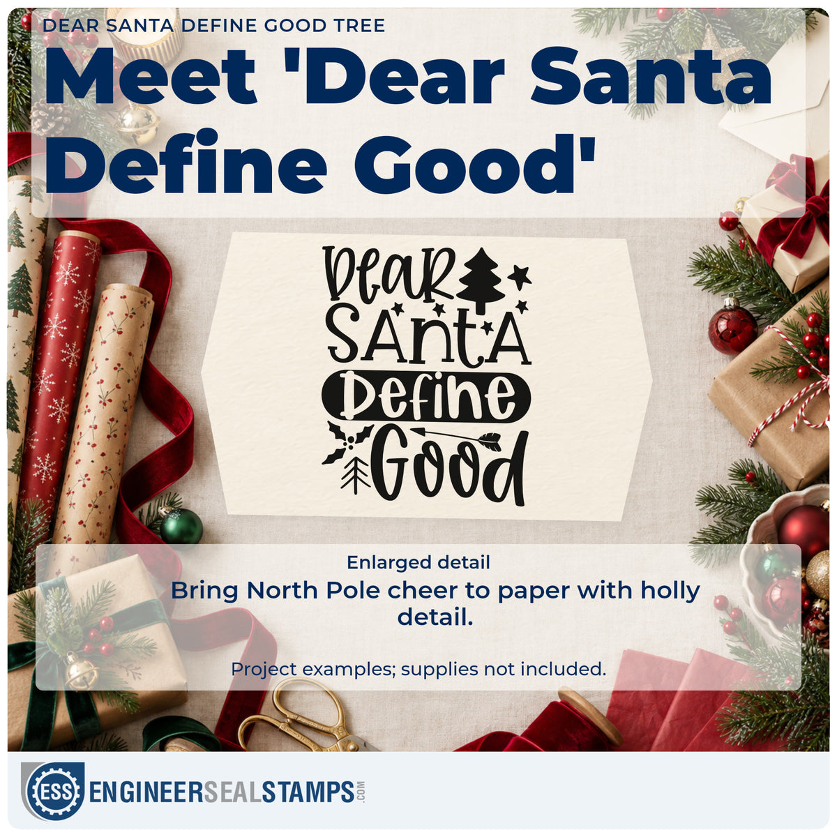 Enlarged detail of the Dear Santa Define Good Tree Hand Stamp – Duo imprint. The phrase "Dear Santa define good" includes a tree, stars, holly, and a downward arrow.