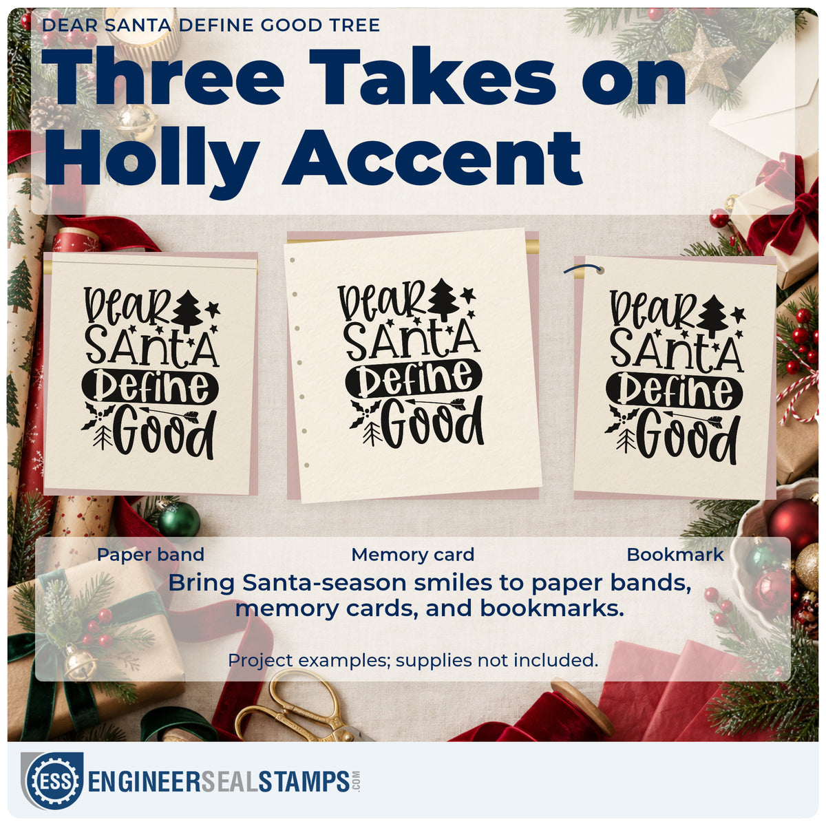 Three project examples made with the Dear Santa Define Good Tree Hand Stamp – Duo, including below line sheet.