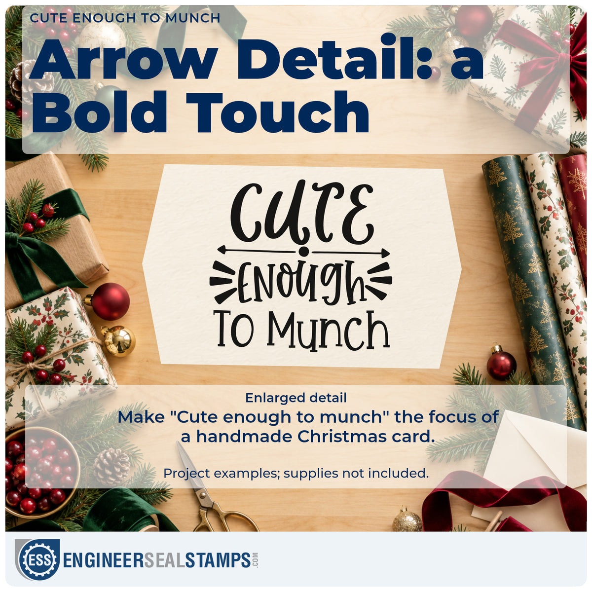 Enlarged detail of the Cute Enough To Munch Arrow Stamp – Premium Vintage Pro Wooden imprint. The words "Cute enough to munch" include a double-ended arrow and bold emphasis marks.
