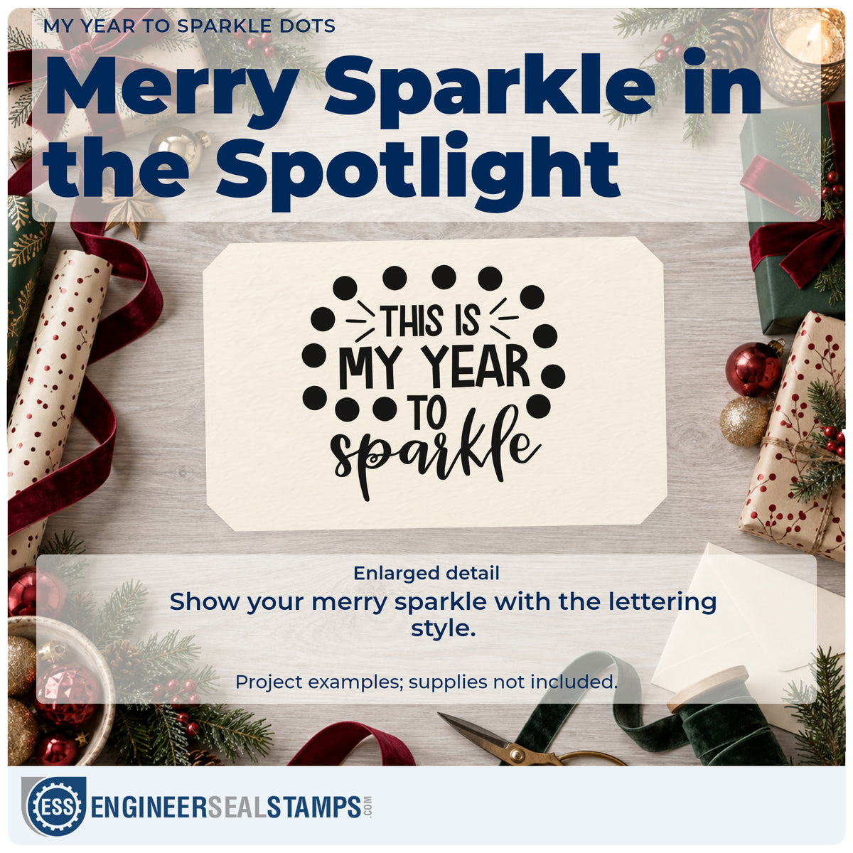 Enlarged detail of the My Year To Sparkle Dots Frame Accent Stamp – PSI Pre-Inked imprint. The phrase "This is my year to sparkle" is framed by large dots and accent lines.