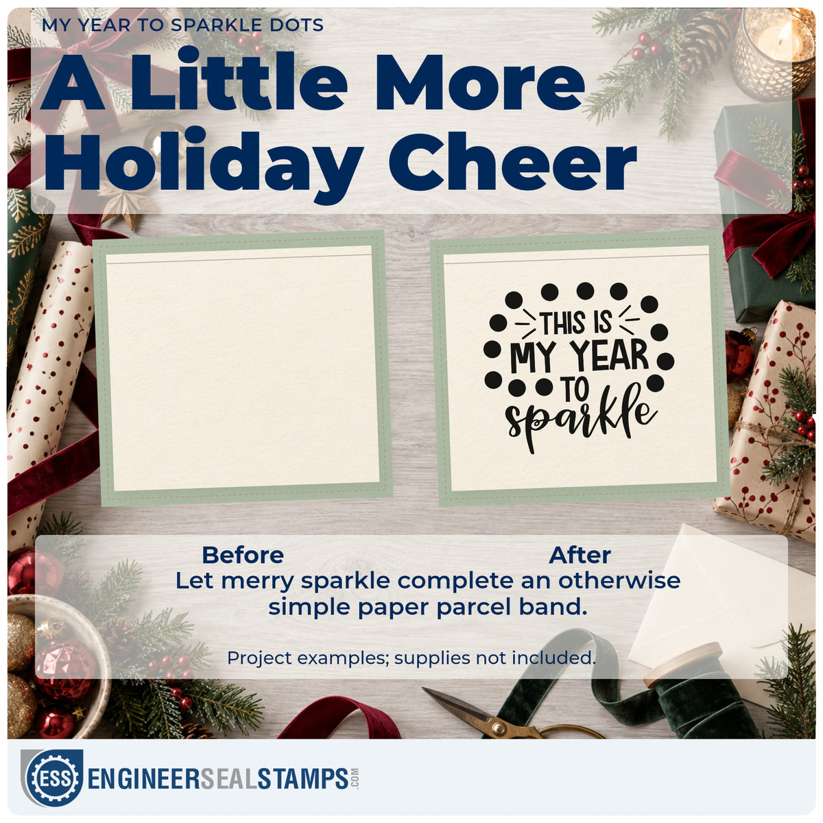 Before and after of a plain item finished with the My Year To Sparkle Dots Frame Accent Stamp – PSI Pre-Inked, a quick upgrade for framed vanity shelf.