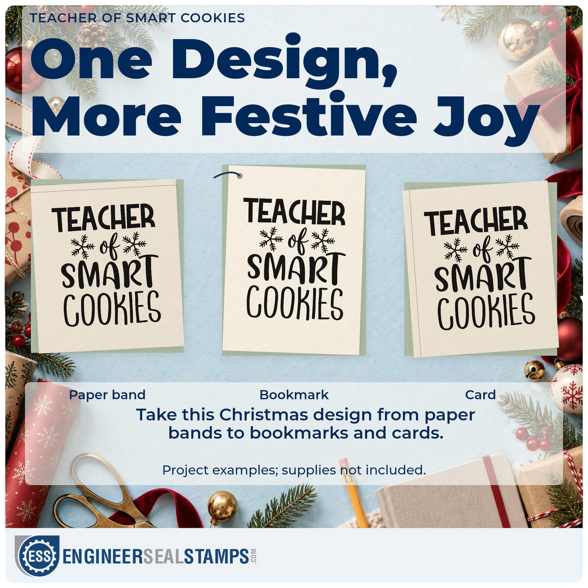 Three project examples made with the Teacher Of Smart Cookies PSI Pre-Inked Stamp, including reward chart sheet.