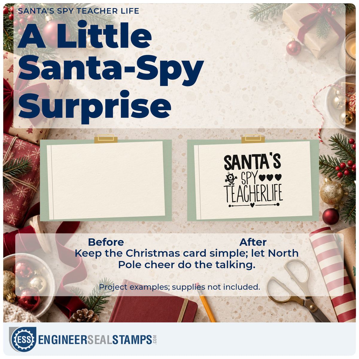 Before and after of a plain item finished with the Santa's Spy Teacher Life With Hearts Rubber Stamp – Duo Hand, a quick upgrade for framed board corner.
