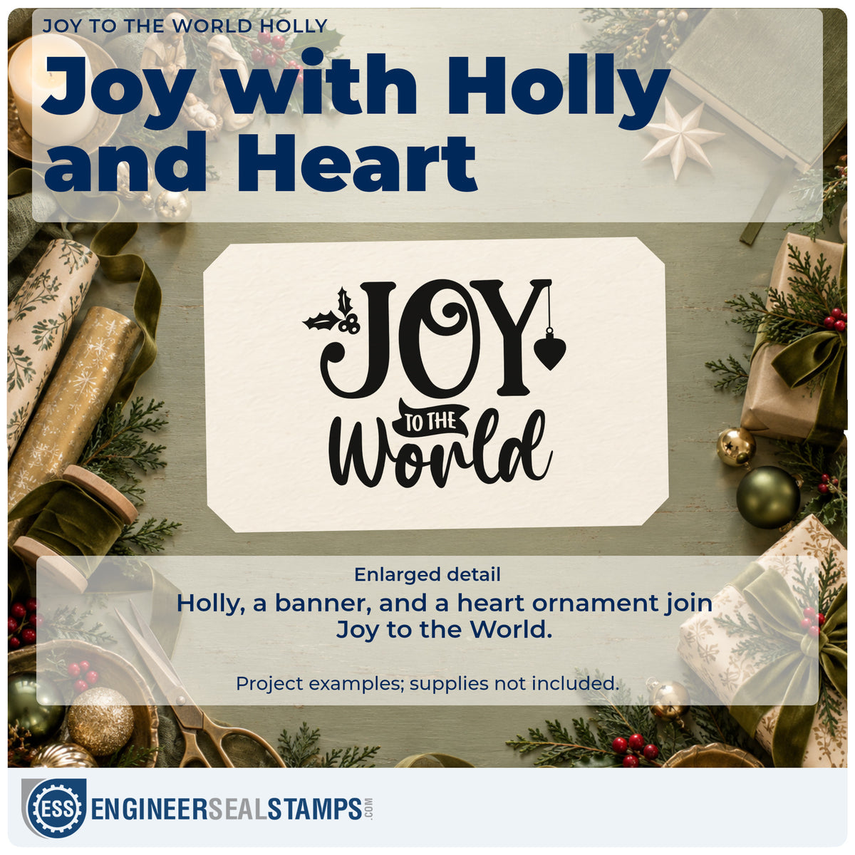 Enlarged detail of the Joy To The World Holly Ornaments Craft Stamp – Self-Inking imprint. The words "Joy to the world" include holly, a small banner, and a hanging heart ornament.