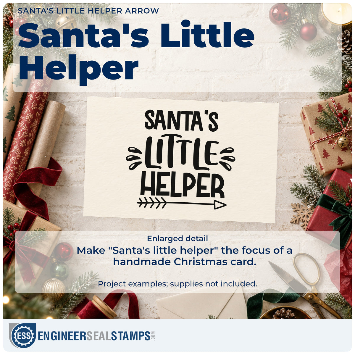 Enlarged detail of the Santa's Little Helper Arrow Outline Detail PSI Pre-Inked Stamp imprint. The words "Santa's little helper" appear above an outlined arrow with decorative splashes.